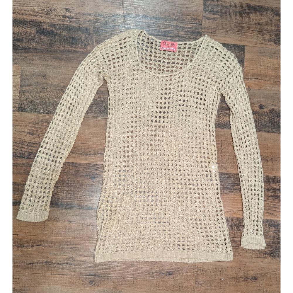 Womens Beige L Crochet Open Knit Pullover Sweater Beach Cover Up Boho Stagecoach - Picture 2 of 9